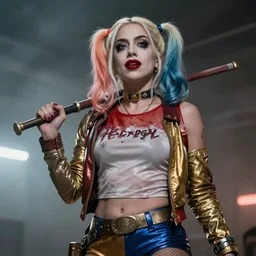 Lady Gaga as real-life Harley Quinn, cinematic, Low angle, atmospheric fog and lighting, directed by Michael Bay, high detail, 8K, movie still n-9
