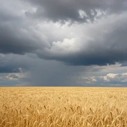 beautiful trippy clouds above a wheat field, in the style of craig mullins