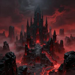 beautiful fantasy city made from black stone and red iron, medieval city, metropolis, dark gorgeous clouds, black marble, lava, digital art, landscape, fantasy art, octane render, unreal engine, high detail, very realistic, horror, thick red fog, by greg rutkowski. by james gurney