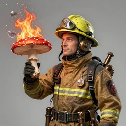 mushroom fighting fire with water spores, wearing a fireman suit, portrait, highly detailed, steampunk, fantasy, trending on artstation, character design, sharp focus, illustration, digital matte painting, art by greg rutkowski