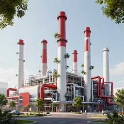 “beautiful extreme high-tech factory building with trees sprouting from its high white and red chimneys with pipes shaped like a poset diagram, rendered in octane 3d high resolution, digital art, ultra realistic, ultra detailed, masterpiece”