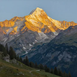 painting of the alps in the golden hour, a detailed matte painting by christophe vacher, matte painting, ultra detailed, matte drawing,