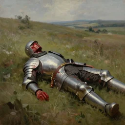 landscape, portrait painting beautiful realism, a soldier in armor who was sprawled out was about to rise, his face covered in blood. cinematic scene, good lighting, fine art, trending on artstation, smooth draw, sharp focus.