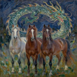 oil painting horses mixed with dragon at night backlit in style o monet