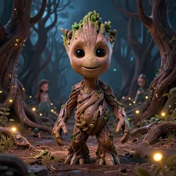 a stunning ultra detailed fantasy fine art photo of a smiling groot in a barren sinuous forest surrounded by fireflies, by tomasz alen kopera and anna dittman, night, perfect eyes, very detailed, deep depth of field, 3 5 mm lens, soft lighting, artstation, highly coherent, 8 k