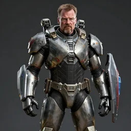 Walter White in cybernetic battle armour with shields, 4k octane render, highly detailed, concept art