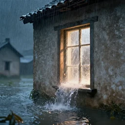 raining meteor shower over a flooded colonial village with water coming out of the window, close up, light dust, by peter mohrbacher dan mumford nekro, cgsociety, pixiv, volumetric light, 3 d render