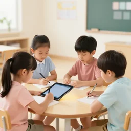 four kids sitting around school table working on a digital tablet