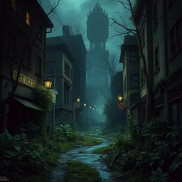 beautiful overgrown street scene spooky dark city post apocalypse by victor nizovtsev
