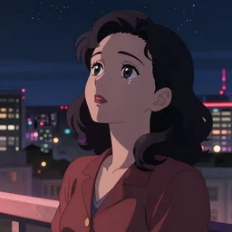 portrait of a beautiful girl with dark hair dressed in 1940's style, looking up towards starry sky with tears running down cheek, nighttime city background, low-key neon lighting, 4k, HQ, official media, anime key visual, makoto shinkai, ilya kuvshinov, lois van baarle, rossdraws, detailed, trending on artstation