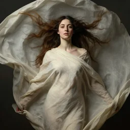 a portrait of a woman with long hair wearing a fabric cloth drapery by frederick lord leighton and peter mohrbacher, billowing, dramatic, dynamic lighting, sharp focus, motion, symmetrical features