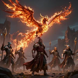 wizard in battle, d & d, detailed burning phoenix flying at a group of thugs and exploding into a fireball, trending on artstation