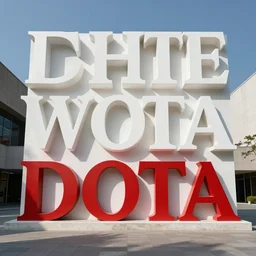 a text sculpture white and red outside a museum of the word dota