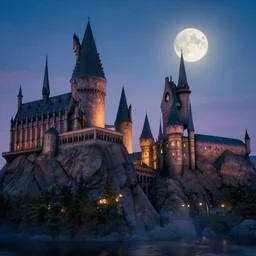 harry potter hogwarts school at twilight with the moon in the background, mistby greg rutkowski and thomas kinkade, trending on artstation epic movie shot