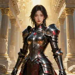 portrait knights of Zodiac girl, metallic black and reddish color reflected armor, in ruined Agora of Athens, ssci-fi, fantasy, intricate, very very beautiful, elegant, golden light, highly detailed, digital painting, artstation, concept art, smooth, sharp focus, illustration, art by tian zi and WLOP and alphonse mucha
