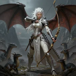 Full body Picture of a female Dragon Tamer, fantasy inspired, shortbow, ivory skin, White hair, long messy hair, platinum attire, armor and robes, battle, detailed face features, light glowy yellow eyes, dragon hatchlings around, mountain background, D&D, chiaroscuro, by artgerm and Craig Mullins, James Jean, Andrey Ryabovichev, Mark Simonetti and Peter Morbacher, matte painting, trending on artstation, artstationHD, artstationHQ, octane, full HD, 16K, alluring