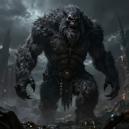 monster, dark, big, beast, hairy, fur, tall, gargantuan, digital art, human, medieval era, scary