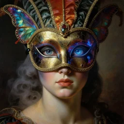 a baroque neoclassicist close - up portrait of a psychedelic creature gazing intensely with big glowing eyes wearing an uv blacklight retrofuturistic venetian carnival mask with iridescent butterfly wings and reflective silk at a masquerade. head, face and shoulders, foggy background. renaissance portrait painting. highly detailed science fiction painting by norman rockwell, frank frazetta, and syd mead. rich colors, high contrast, gloomy atmosphere, dark background. trending on artstation.