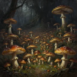 An army of mushrooms, dark fantasy, by Greg Rutkowski, epic, awe-inspiring, oil painting, beautiful, detailed