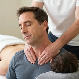 steve carell having tender neck massage to get relief for joints, masseur is a professional