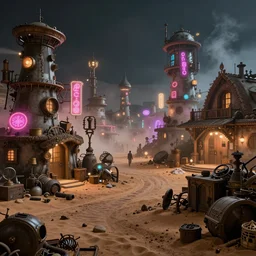 a steampunk village in the desert at night, junk everywhere, neon lights, neon signs, magical atmosphere, mist, steam, photo realistic, 3 5 mm, matte painting, octane render, 8 k, corona render, movie concept art by guido borelli da caluso octane render, trending on artstation