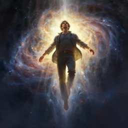 digital painting of a man ascending to galactical bliss, dynamic lighting, cinematic shot, concept art, sci - fi, fantasy,