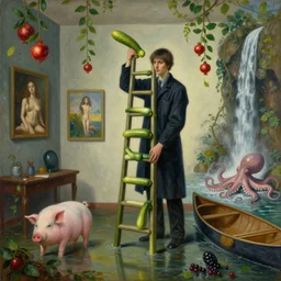 painting of a flooded artist's apartment and a tall emo pathologist, holding a ladder made of courgettes, a pig, paintings on the wall, pomegranates, vines, waterfall, octopus, canoe, berries, zen, sensual, surrealist painting by magritte and rousseau and monet