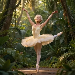 stunningly poised, elderly prima ballerina in jungle, symmetrical face, golden hour, smooth, focus, highly detailed, hyper realistic, dramatic lighting, elegant, intricate, concept art, art by wlop, mars ravelo, greg rutowski, artstation