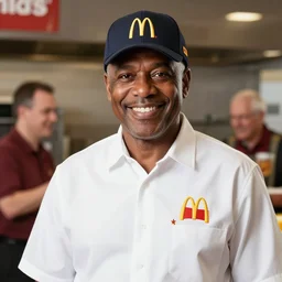 promotional studio photograph of floyd mayweather as mcdonald's ceo. wearing mcdonald's uniform and hat, happy customer smile. out of focus, mcdonald's kitchen in the background. promotional photograph, sharp focus, award - winning photo, hyper detailed, smooth, 4 k, high quality