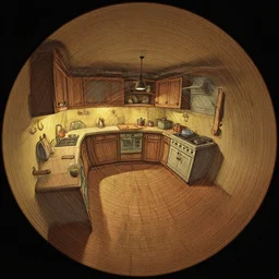 fisheye spiral lines, naive nerikomi, extra narrow, detailed illustration of a kitchen dimly lit by rhads from lorax movie, trending artstation, wood texture