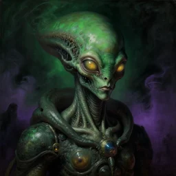 a baroque neoclassicist science fiction of retrofuturistic alien black lovecraftian technology with glowing eyes gazing intensely, surrounded by deep green and purple foggy black background. renaissance portrait painting. highly detailed science fiction painting by norman rockwell, frank frazetta, and syd mead. rich colors, high contrast, gloomy atmosphere, dark background. trending on artstation.
