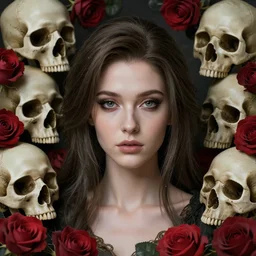 an elegant lady surrounded by skulls in a garden full of roses, final fantasy, cushart krenz, cushart krenz, very detailed, realistic face, detailed face, matte, tonemapping, perfection, 4 k,