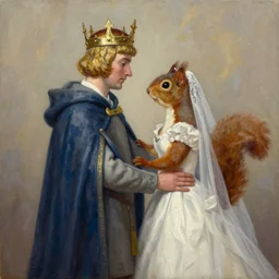 king arthur wearing a crown from arthurian legend getting married to a human - sized anthropomorphic feminine squirrel, simple oil painting