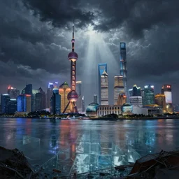 a beautiful hyperdetailed painting of shanghai, matte painting bladerunner 2 0 4 9, apocalyptic gem thunderstorm made of glass lake fantasy, archdaily, wallpaper, highly detailed, trending on artstation.