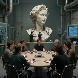 a group of people sitting around a table in a room, while men operate on a giant artist bust in the background, extracting infomration cyberpunk art by rube goldberg, cgsociety, beeple style, computer art, dystopian art, reimagined by industrial light and magic, concept art
