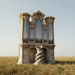 a detailed render of an isolated lonely large pipe organ in the middle of a field, intertwined with a lone stone column, trending on artstation, render, 3 d, octane, 4 k, 8 k, unreal engine, cinema 4 d, baroque, art deco
