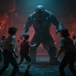 a still film of stranger things with a big creature attacking people, 8K, cinematic, cinematic lighting