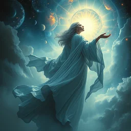 in flowing reflective silver robes she watches as the universe is born, full body, supersaturated nebulas, misty, ultra dramatic lighting, bright radial arcs of light, radiant stars, intricate, hyper detailed, masterpiece, beautiful painting by ruan jia, artgerm, alphonse mucha, frank frazetta