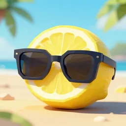lemon on the beach with sunglasses, low poly art