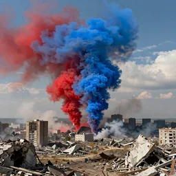 politics, destroyed landscape and buildings, dystopian, war, real, red smoke, bright blue smoke, detailed, award winning, masterpiece
