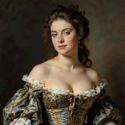 portrait of a beautiful glamour model wearing 1 7 th century french off - the - shoulder neckline bodice with low neckline, painting by sargent and leyendecker