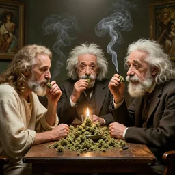 jesuschrist, alberteinstein and darwin sitting meeting on a table, smoking weed, drunk, in the afterlife, photorealism, ultrafine details, wholesome, volumetric lightening, smoke, octane render, hyperdetailed, beautiful, art, by greg rutkowski and alphonse mucha, artstation