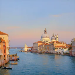 a large serene beautiful matte painting of a large venetian harbor upon a calm bay, by asher brown durand and greg rutkowski, featured on artstation, blue and orange color scheme