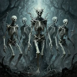 eldritch creatures with surrealistic morphed skeletons, Zdzislaw Beksinski, Wayne Barlowe, Joe Fenton, gothic, cosmic horror, dystopian, biomorphic, lovecraftian, amazing details, cold hue's