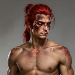 portrait, 30 years old man :: red hair ponytail :: burned face, grimy, rough, shirtless :: high detail, digital art, RPG, illustration
