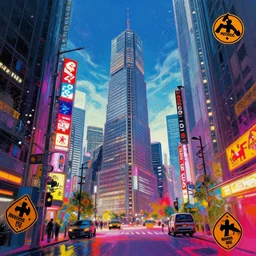 epic scene of neo tokyo, digital art, concept design, colourful spray paint splatters, health and safety decals, cinematic, deep impasto