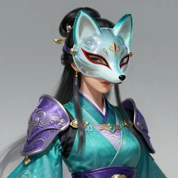 female adventurer in teal amethyst armor of japanese design wearing a glass fox mask trending on artstation, intricate, elegant, highly detailed, digital painting, artstation, concept art, smooth, sharp focus, illustration, art by artgerm and greg rutkowski and alphonse mucha, 8 k