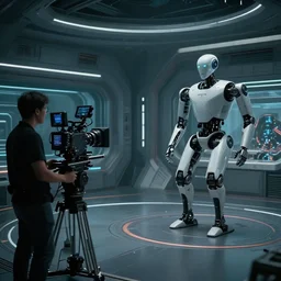 vfx film, behind the scenes, on location, set design, m, making of, big film production, cinematographer filming futuristic tesla humanoid robots, high tech space ship interior, flat color profile low - key lighting award winning photography arri alexa cinematography, hyper real photorealistic cinematic, atmospheric cool colorgrade