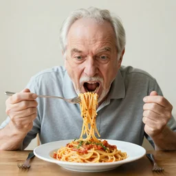 a old man yelling at a plate of spaghetti
