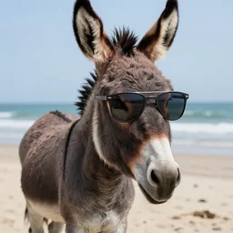 a donkey wearing cool sunglasses at the beach, 8k, hyper-detailed, photorealistic